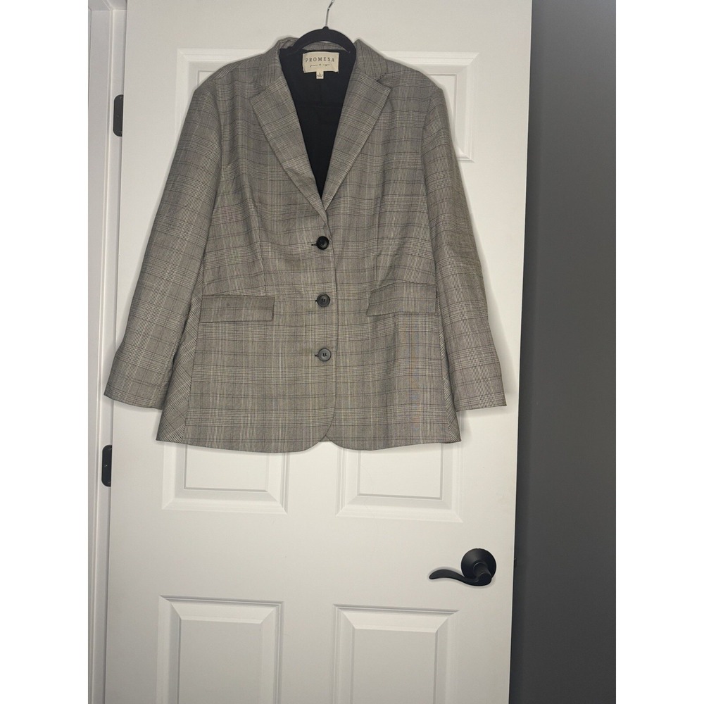 Promesa Plaid Oversized Boyfriend Blazer Jacket Large Black Beige White Stripe